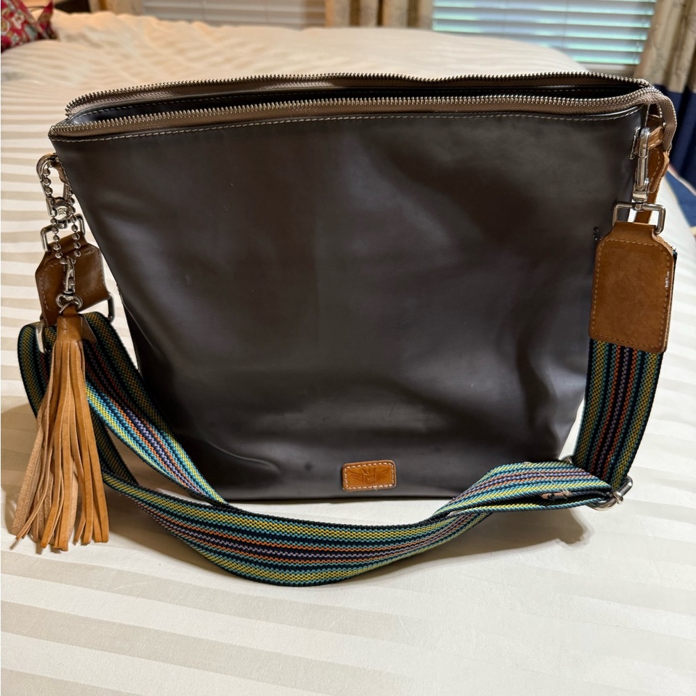 Consuela Dark Brown Leather Crossbody with Multicolor Stripe Strap